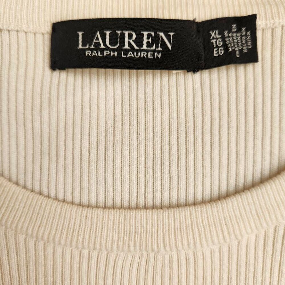 Lauren Ralph Lauren Sweater Womens XL Button Trim Ribbed Gold Ivory Puff Sleeve - Picture 7 of 7